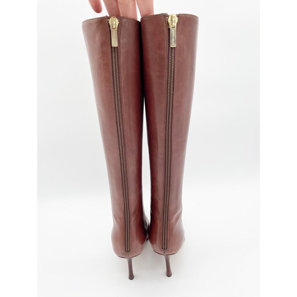 Jimmy Choo Vintage Y2K Mahogany Peony Square Toe Leather Knee High Boots IT 38 - Picture 10 of 14